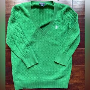 Y2K Ralph Lauren Green Cable Knit V-Neck Sweater